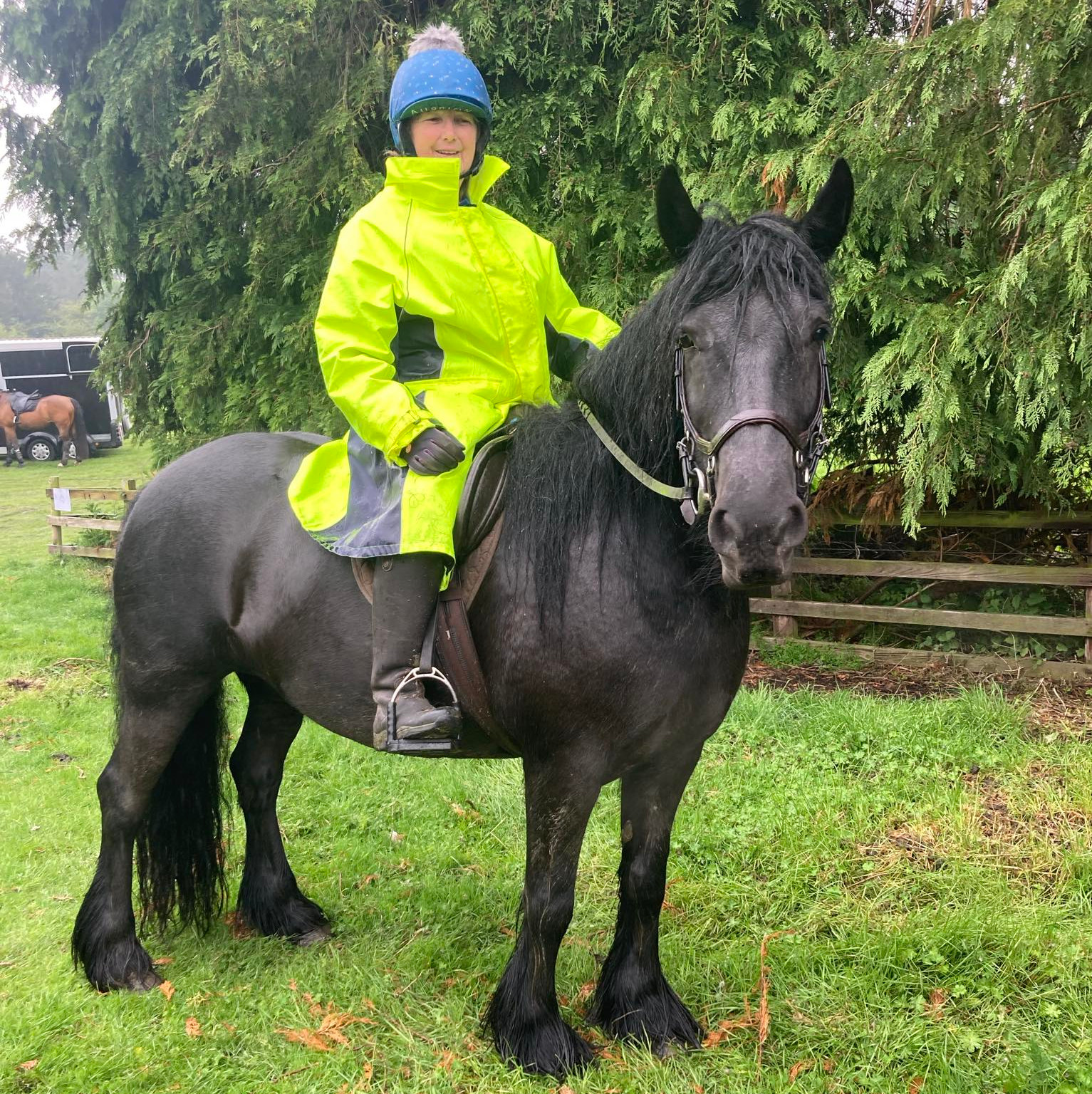 rider in yellow fluorescent hi visibility clothing, on a black pony - a very wet day